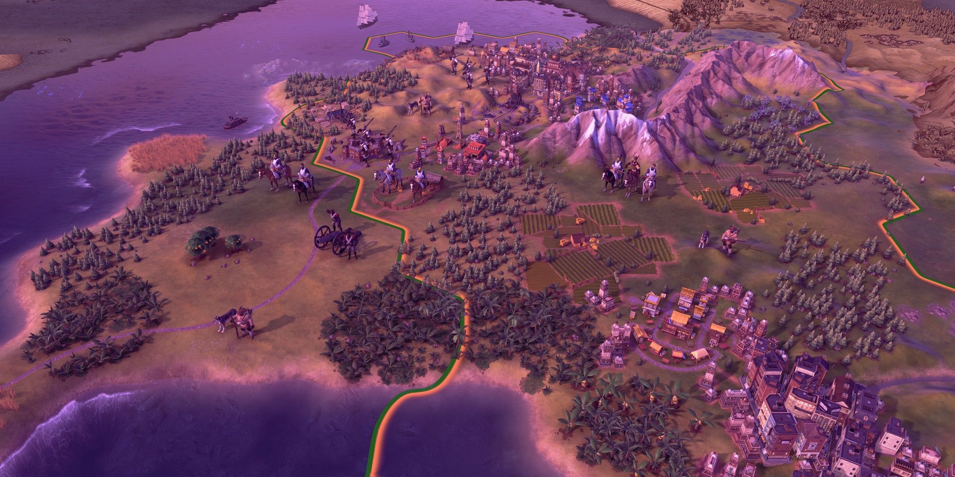 An overhead look at a kingdom at dawn in Civilization 6