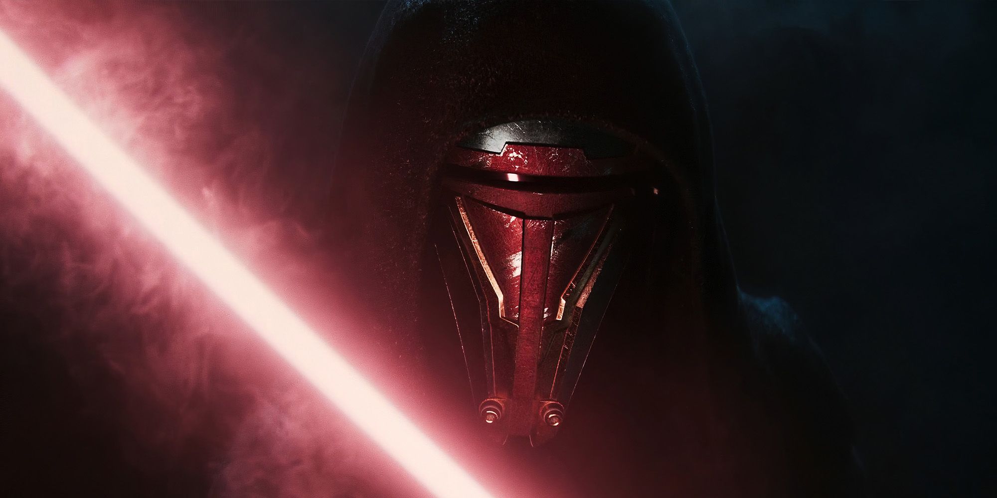 Close up of Darth Revan, with their red lightsaber illuminating their mask