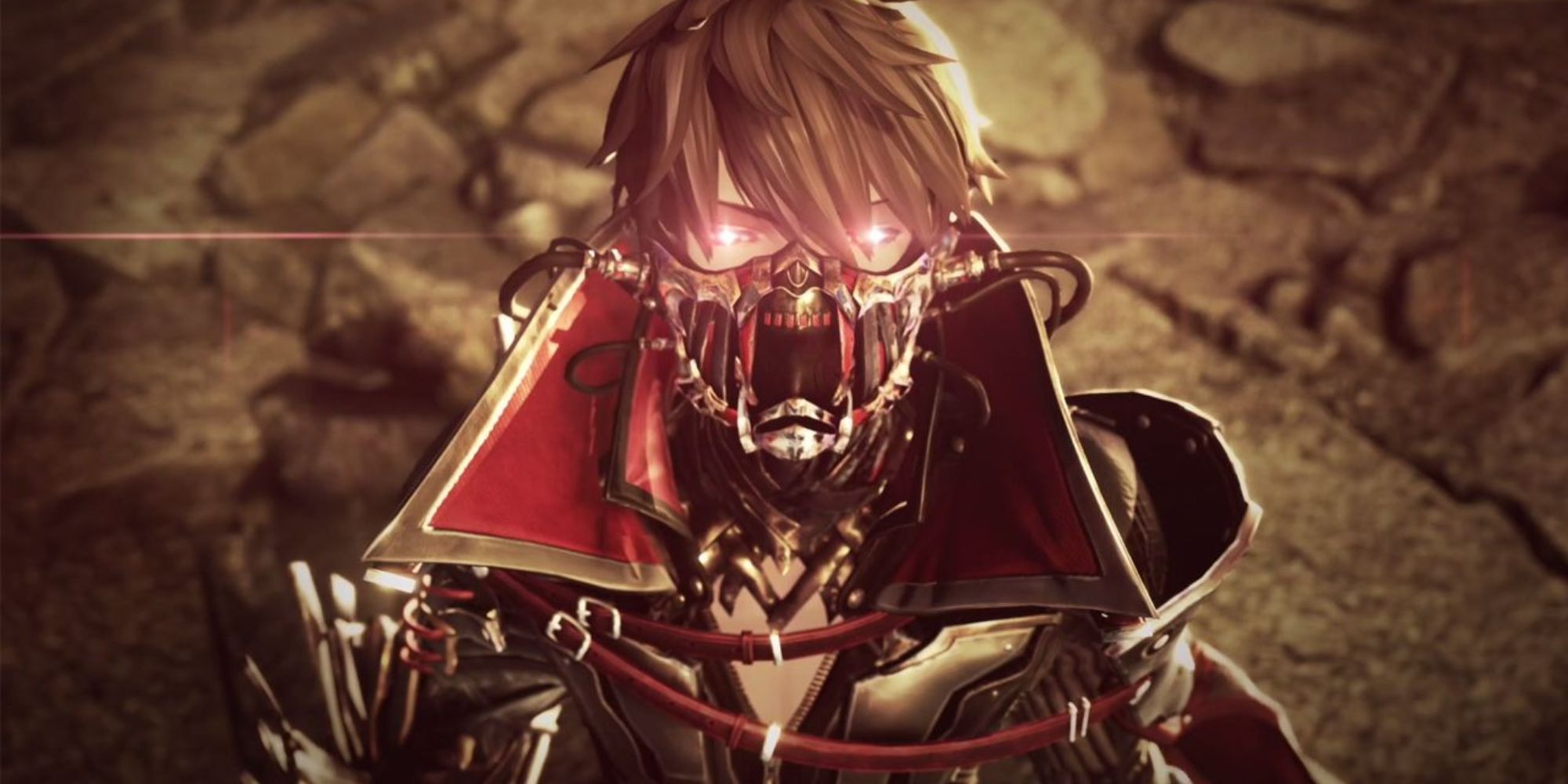 A close up shot of a Revenant wearing a metallic masked face in Code Vein.