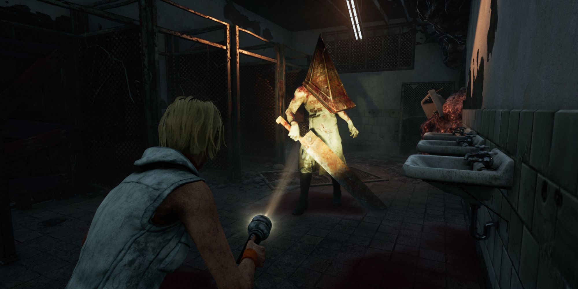 Heather looking at Pyramid Head The Executioner in the Silent Hill DLC in Dead by Daylight.