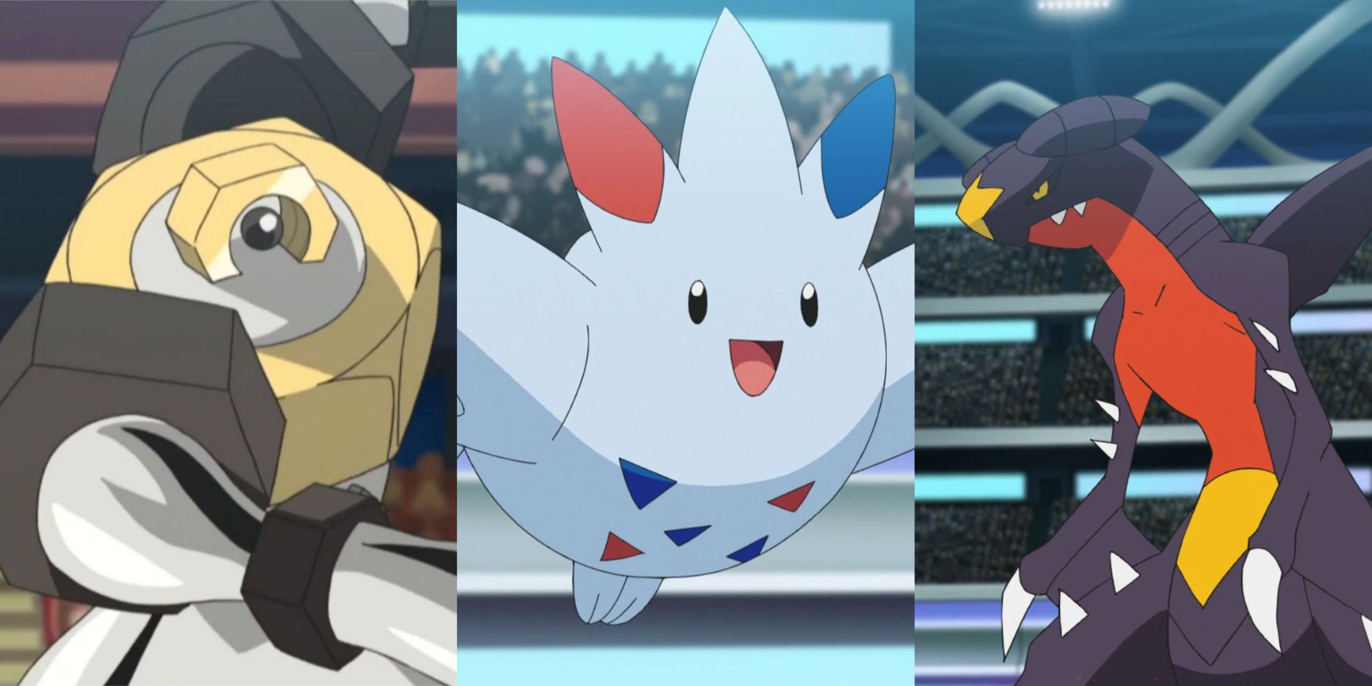 Melmetal Punching Forward, Togekiss Hovering, and Garchomp Standing 