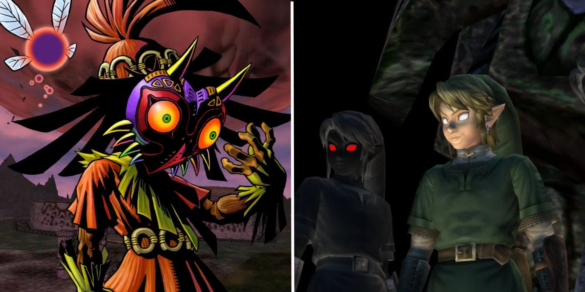Majora controlling the Skull Kid's body, Teal the fairy flying, and the interlopers sneering in the Legend of Zelda Series