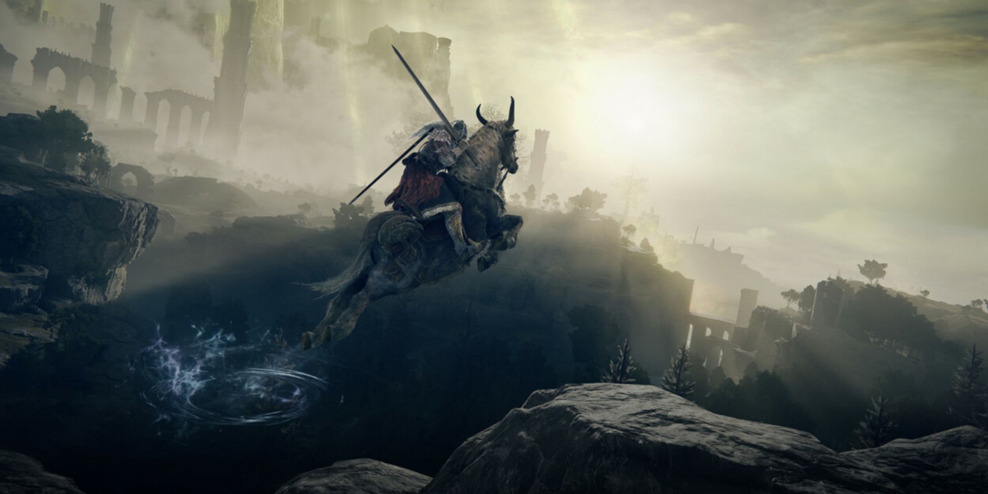 screenshot of player using torrent to jump over a gap with the sun setting int he background in Elden Ring