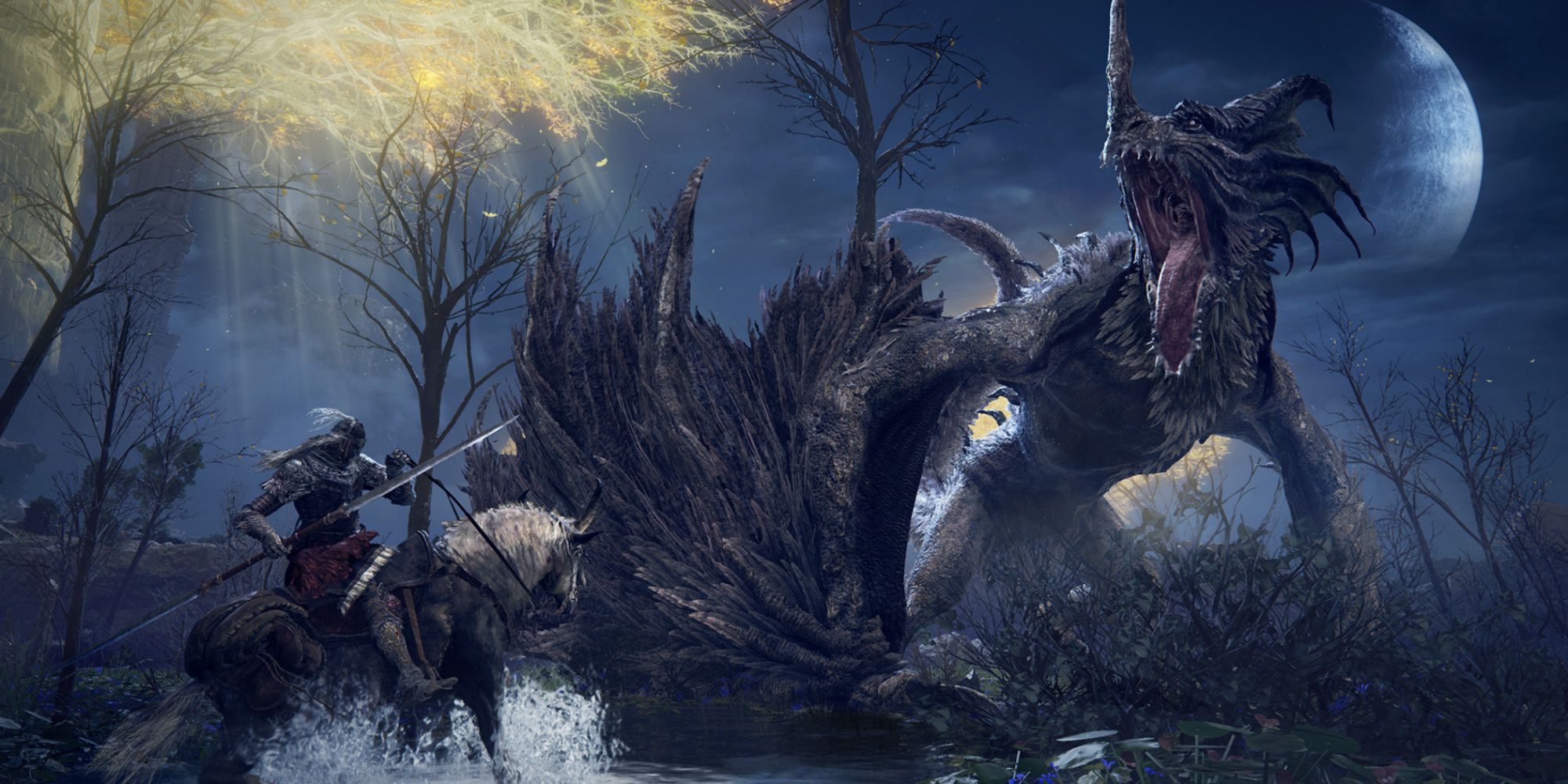 screenshot of player on torrent the horse while fighting a dragon with the Erdtree golden leaves in the background