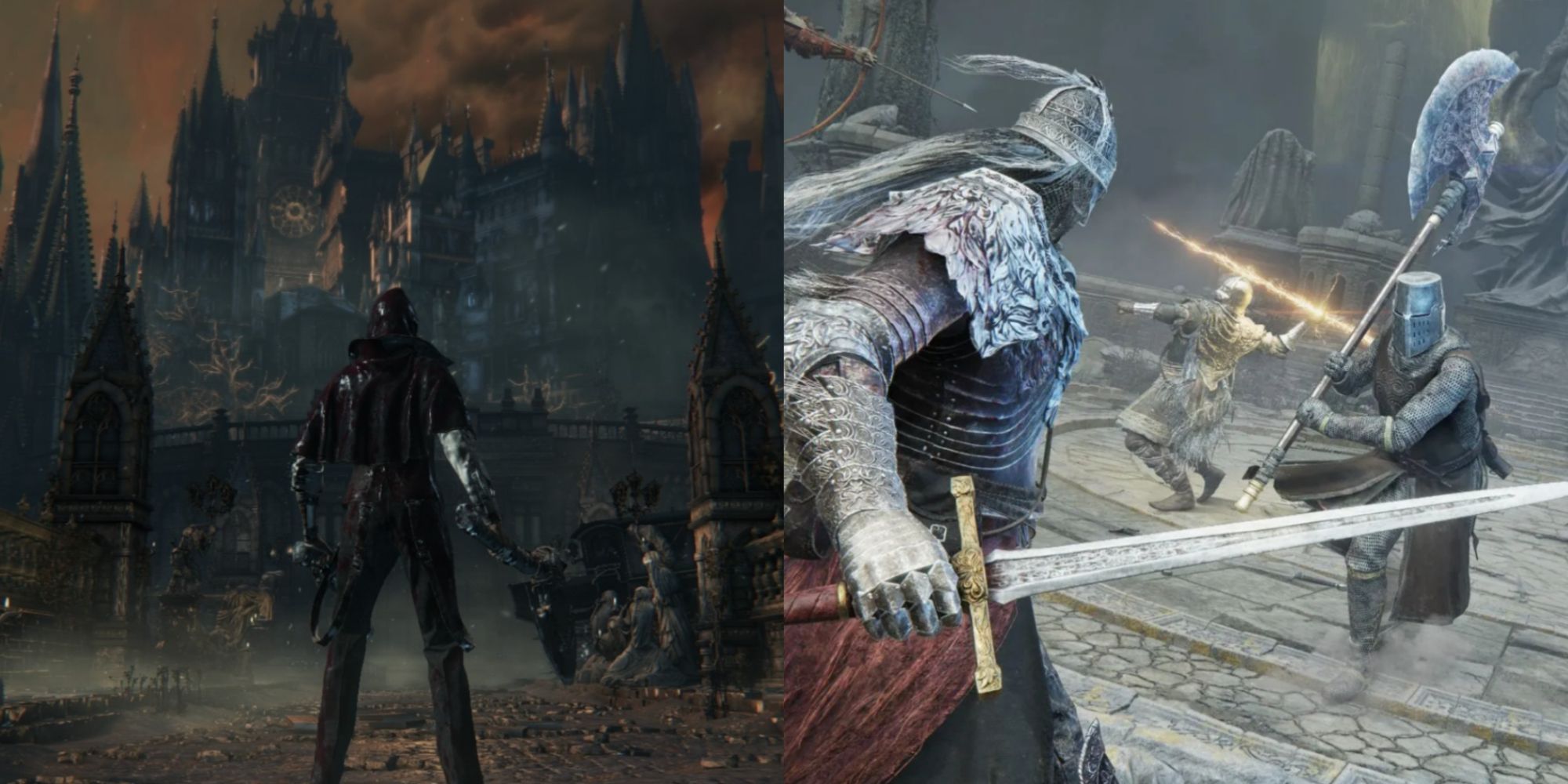 collage image between a hunter in yharnam and an elden ring tarnished fighting in pvp