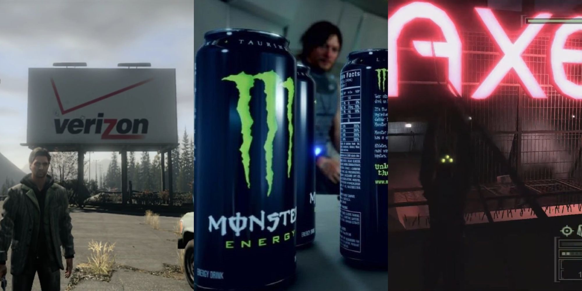 A split image collage of Alan Wake beside a Verizon billboard, Monster Energy drinks in Death Stranding, and Sam Fisher ziplining in front of an enormous Axe brand neon sign in Splinter Cell: Chaos Theory.