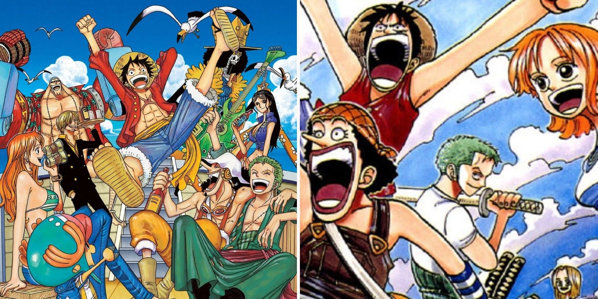 The Straw Hats partying on the left and staring out to sea on the right in the anime and in a color spread