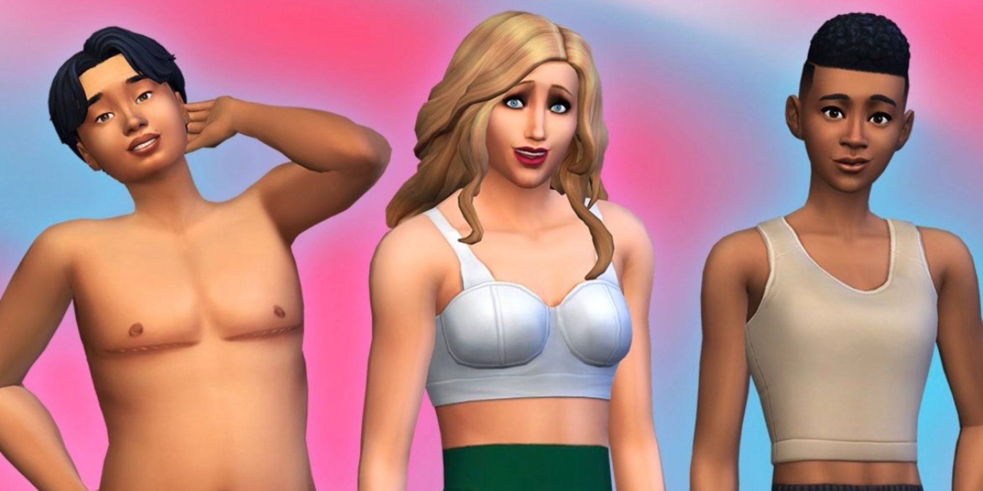 the sims 4 characters with top surgery scars and wearing binders