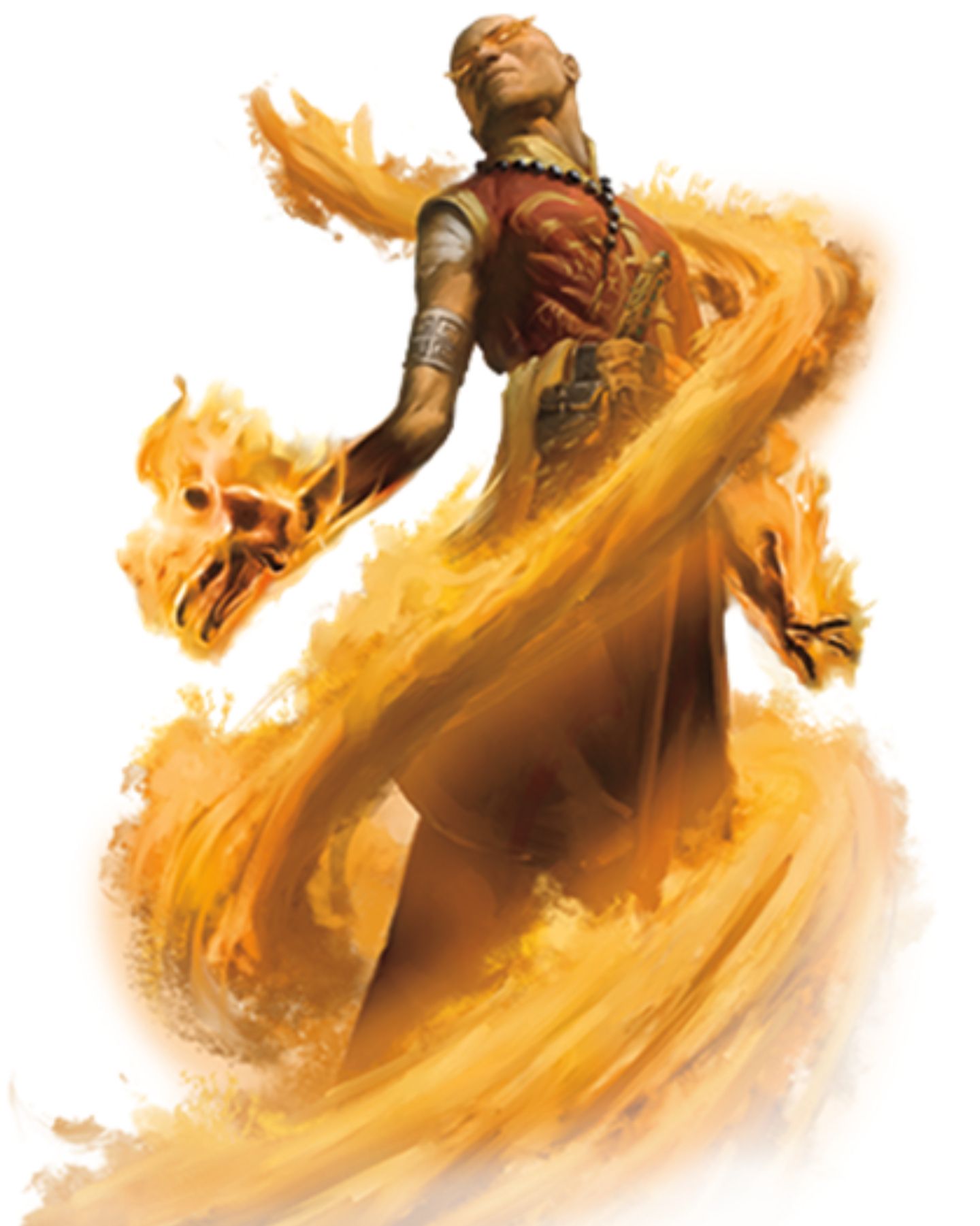 A human Sorcerer is surrounded by a spiral of flames as flames shoot from his eyes.