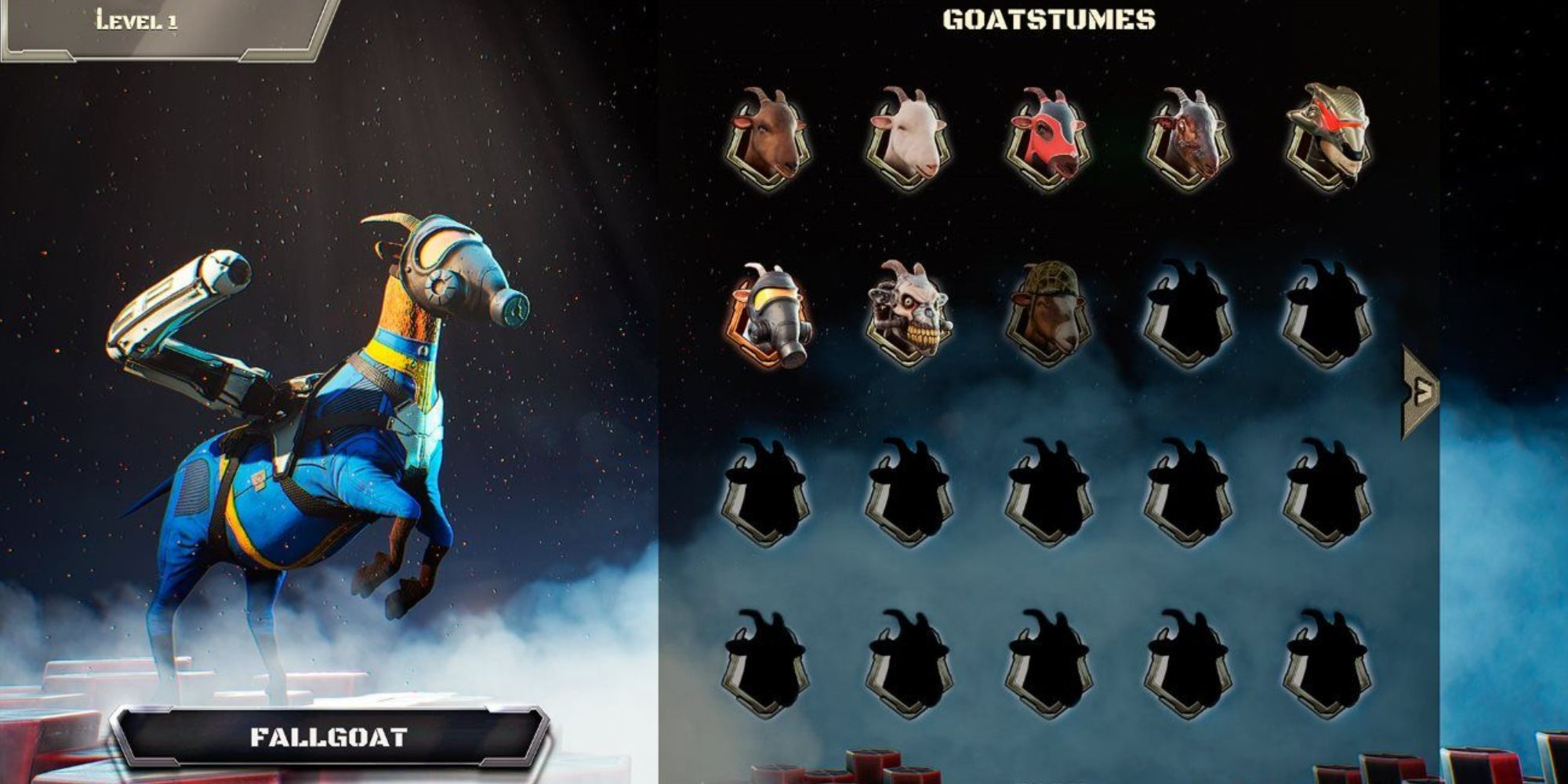 A level 1 goat appearing in the outfit selection menu in Goat of Duty, with the Fallgoat goatstume selected for the character.