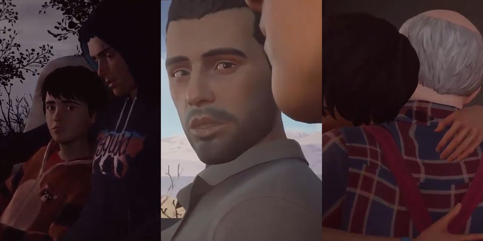 A split image collage of Sean and Daniel leaning in close to each other on a bus, Sean's dad speaking with him in a dream, and Daniel hugging his grandfather in Life is Strange 2..