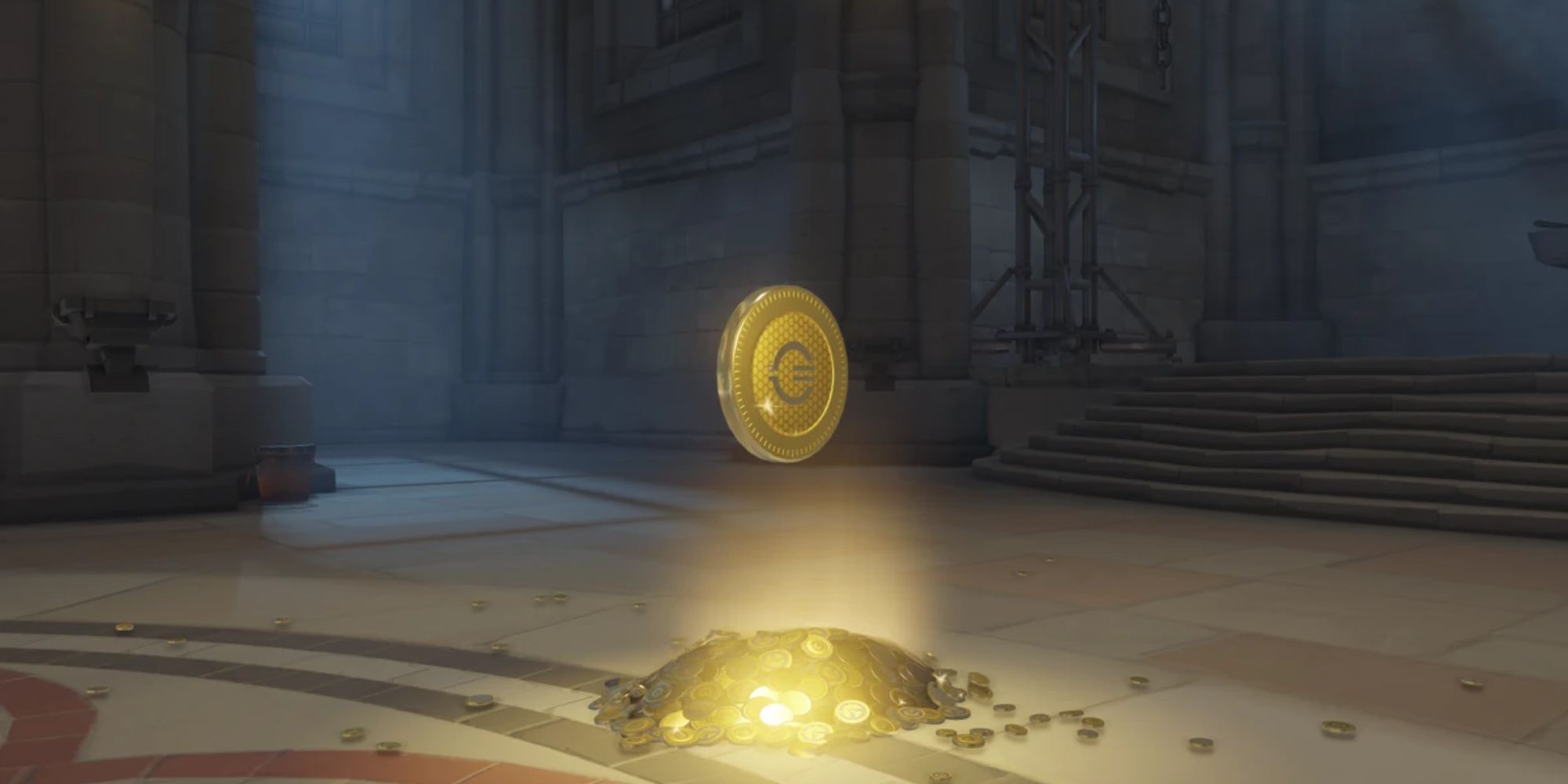 an overwatch coin hovering above a pile of smaller coins