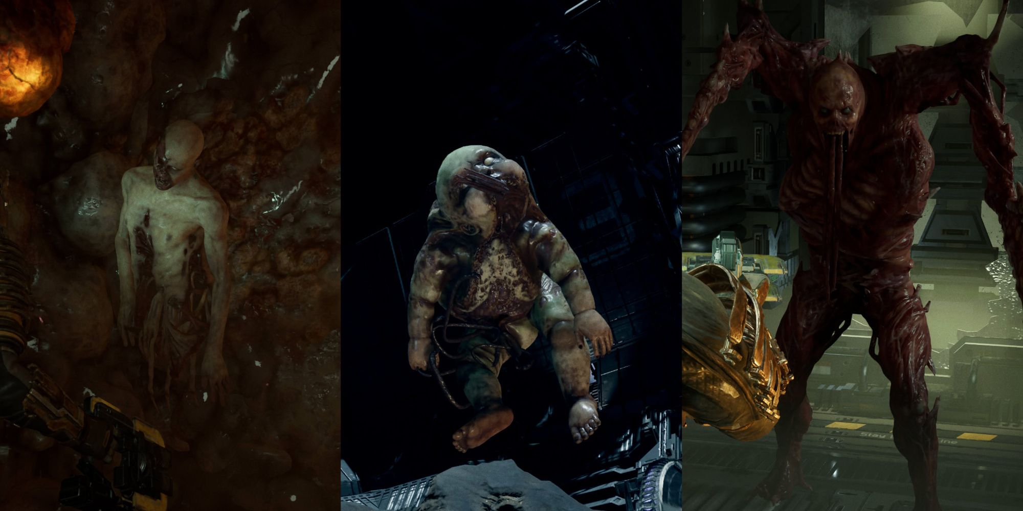A montage of three images capturing three Necromorphs from Dead Space - (from left to right): a corpse fused to the wall, a dead Lurker, the Hunter