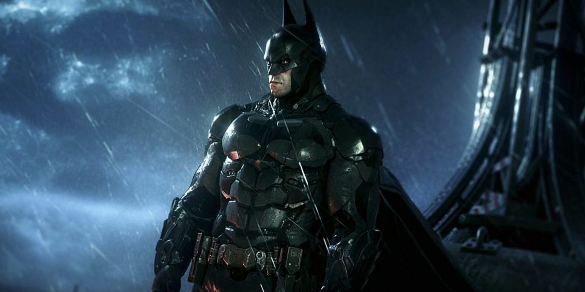 Arkham Knight-Screenshot von Batman, der im Regen steht