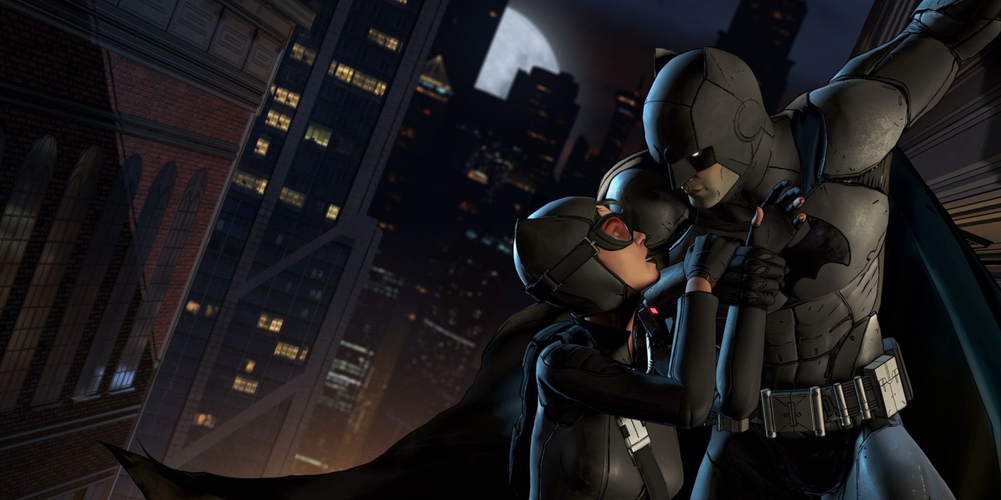 Catwoman clings to Batman as they hang in the air