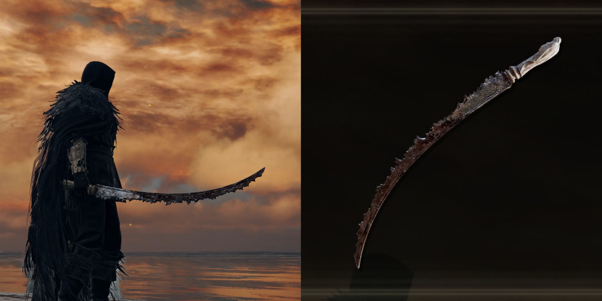 A split image of The Tarnished Holding a sword and Scavenger's Curved Sword in Elden Ring.