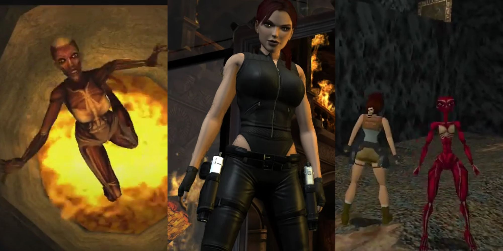 Drei-Bilder-Collage von Lara Crofts Doopelgangern, der aktualisierten Version, die in Tomb Raider: Anniversary in eine Feuerstelle fällt, der genaueren Version in Underworld und der ursprünglichen Skelettversion von 1996.