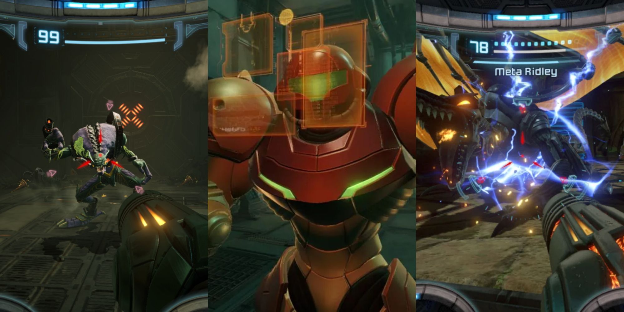 A collage with Samus aiming at two enemies and a screenshot of her checking some information.