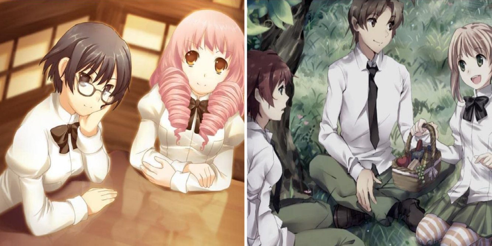 Shizune And Misha Sitting At A Table And Rin, Hisao, And Emi Having a Picnic By A Tree