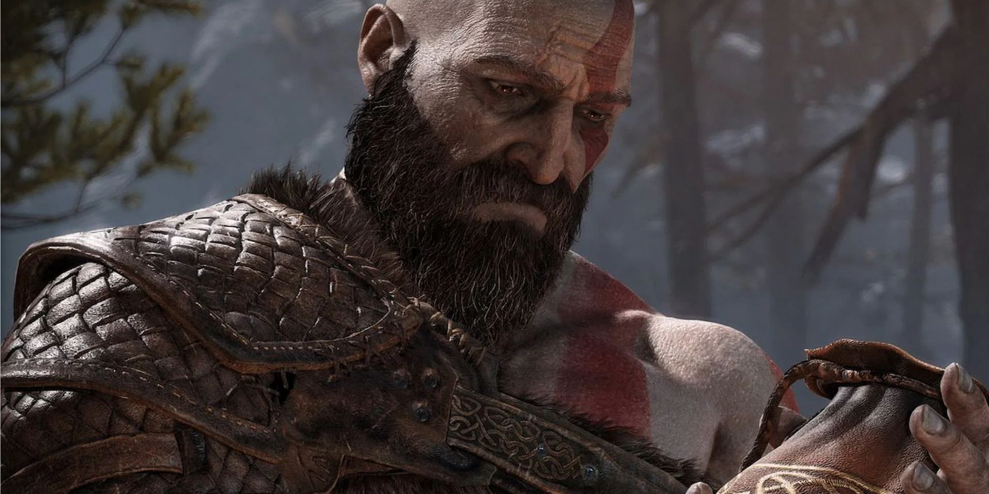 kratos looking sad holding a bag