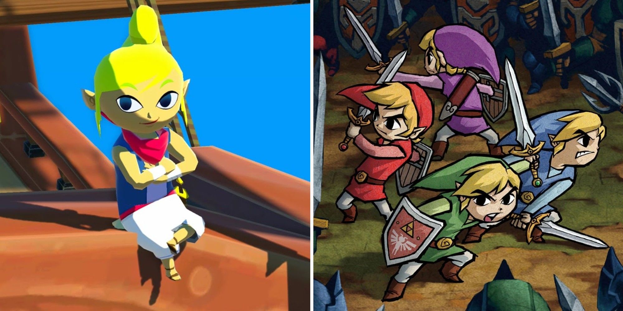 Tetra smirking and leaning in the Wind Waker and four Links stand off in combat in Four Swords Adventure the games
