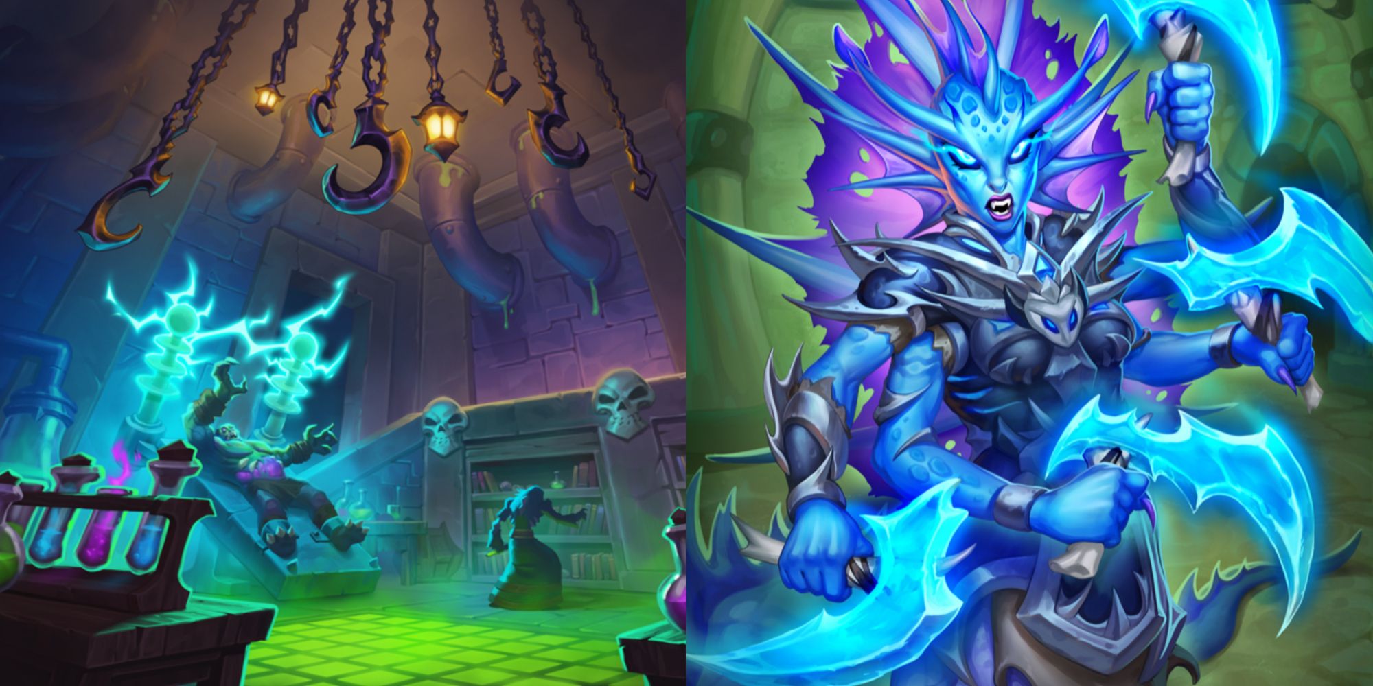 hearthstone naxxaramas - mage with ice weapons and interior scene with scientist