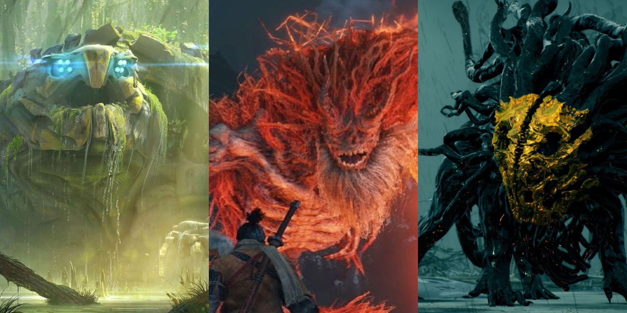 A three image collage that has a Shellsnapper from Horizon Forbidden West, Wolf facing the Demon of Hatred in Sekiro: Shadows Die Twice, and a gold-masked BT creature from Death Stranding.