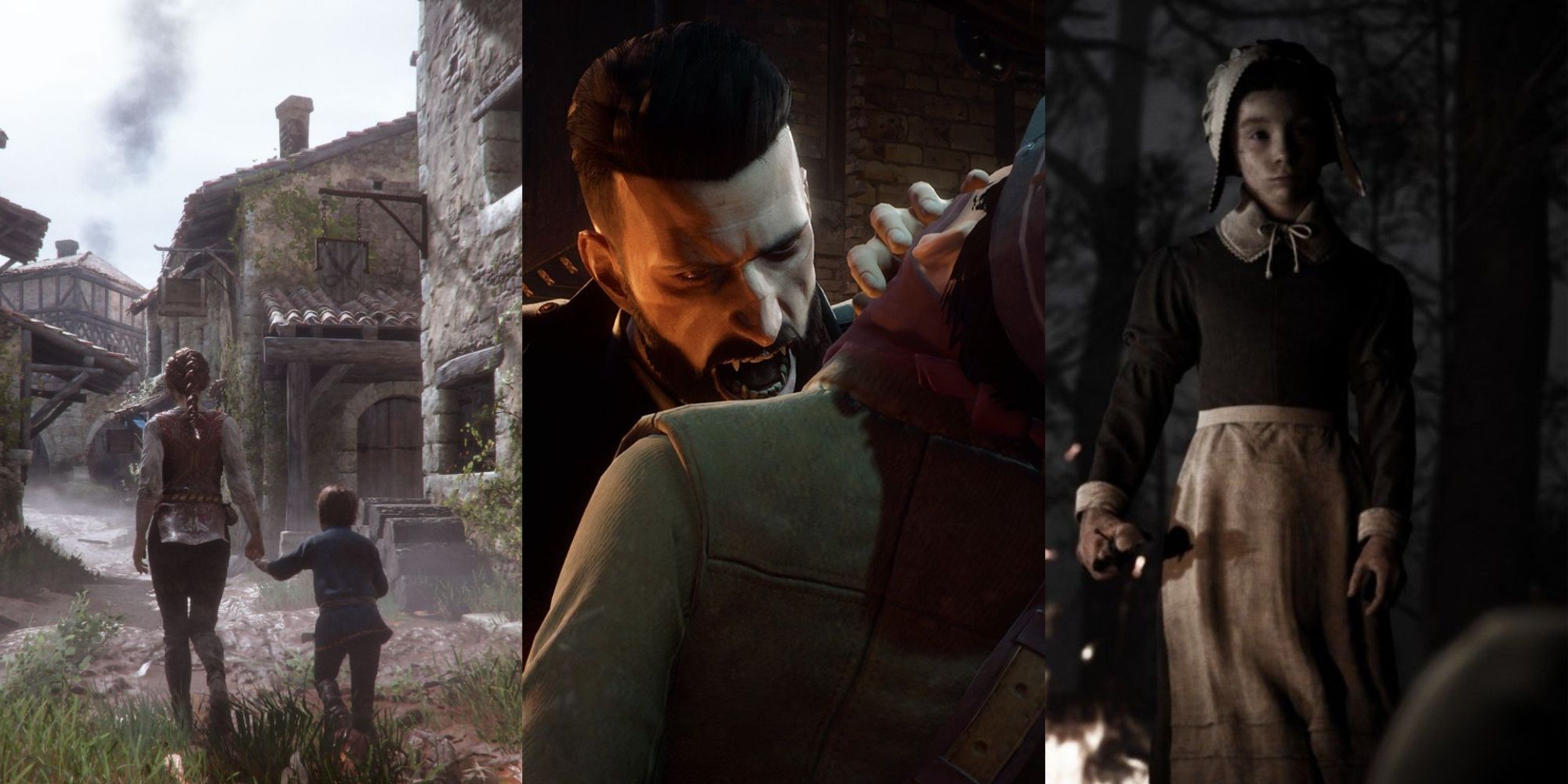 A three photo collage of Hugo and Amicia de Rune walking through a village in A Plague Tale: Innocence, Jonathan Harker biting the neck of an enemy in Vampyr, and Mary in period clothing by a fire in Little Hope.