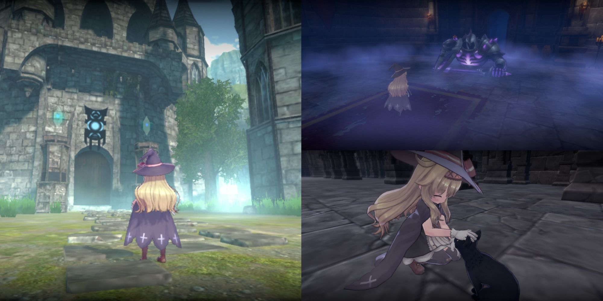 A collage of Nobeta standing in front of the castle, about to fight the first boss, and petting the kitty in Little Witch Nobeta.