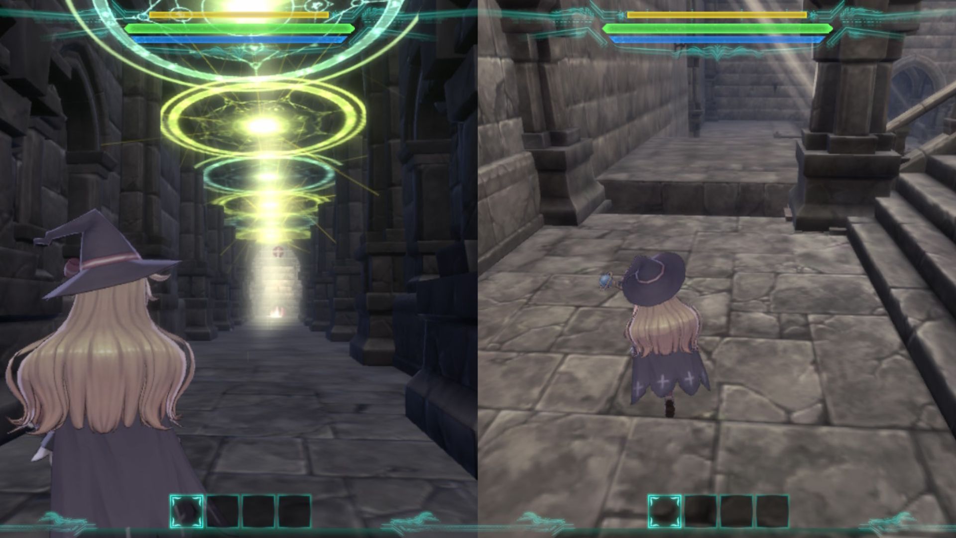A collage of Nobeta standing in a corridor with light beams and another image of her running through the castle in Nobeta the Little Witch.