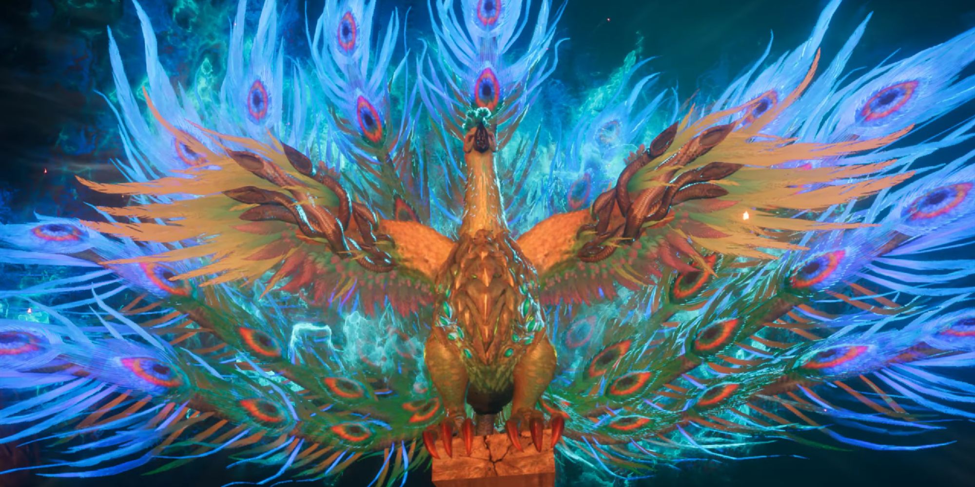 An Emberplume kemono scattering its peacock feathers that it caught in blue flames during a cutscene in Wild Hearts.