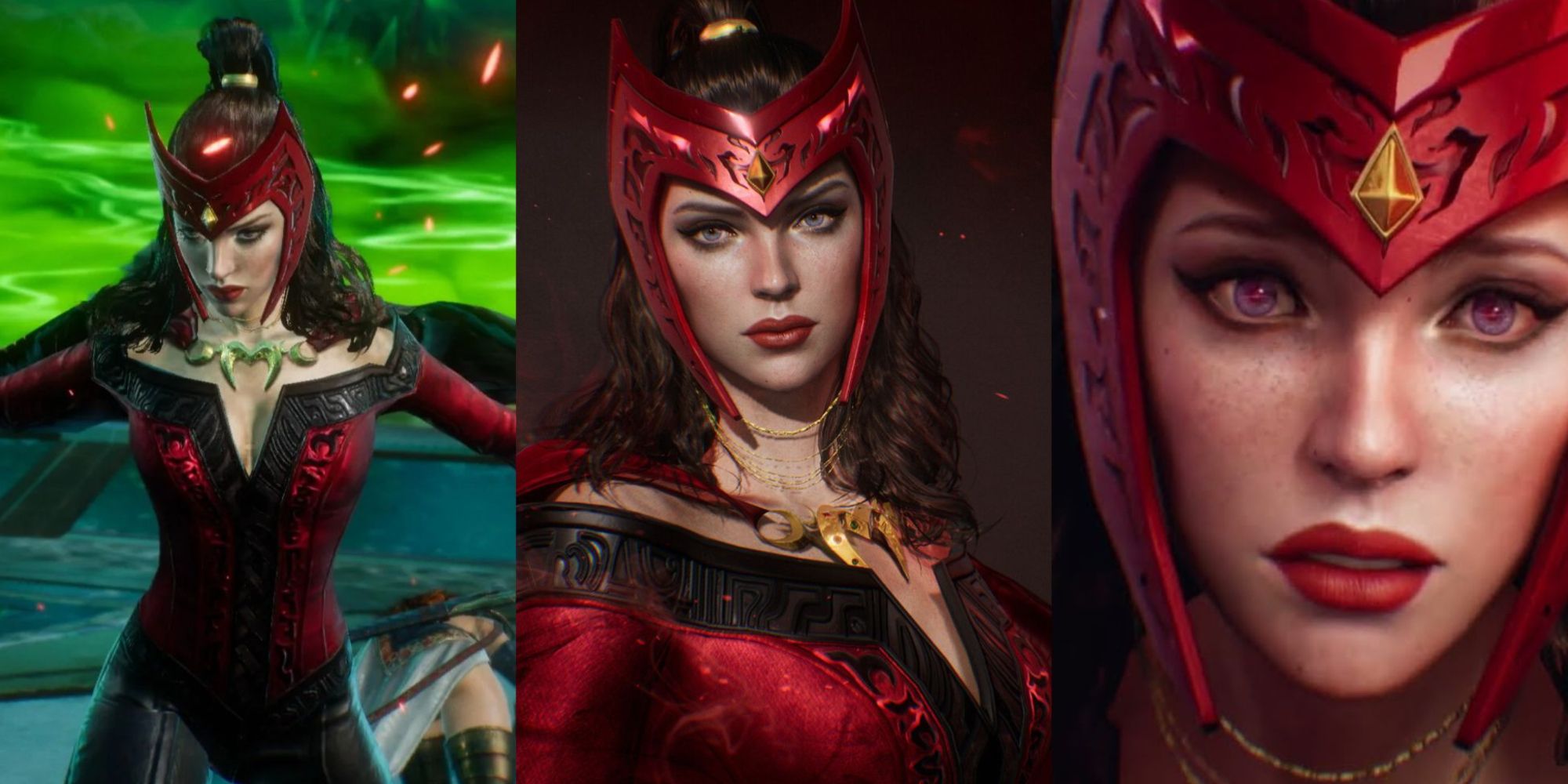 Scarlet Witch Marvel Future Revolution split image of Scarlet witch in game