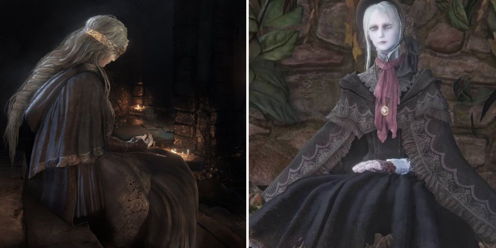The Fire Keeepr and Doll from Dark Souls 3 and Bloodborne video games respectfully, sitting in contemplation