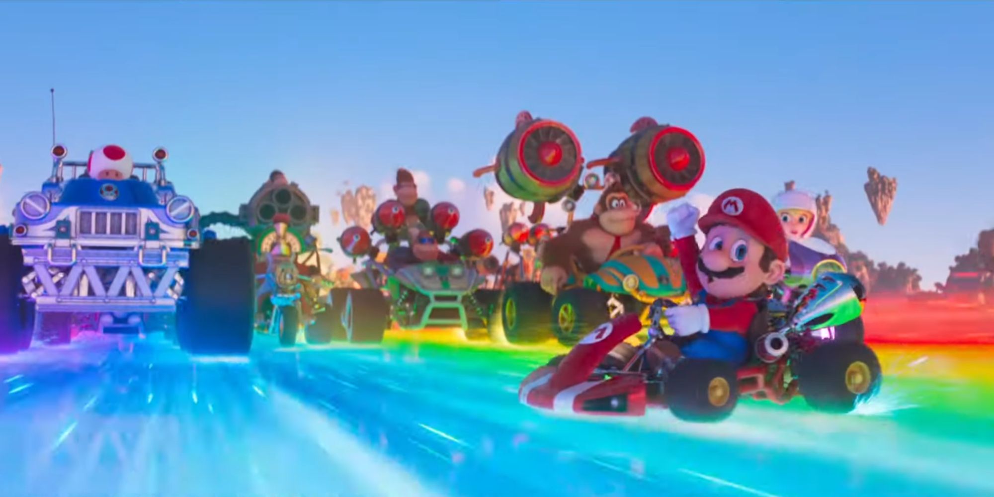 mario kart in the movie trailer on rainbow road