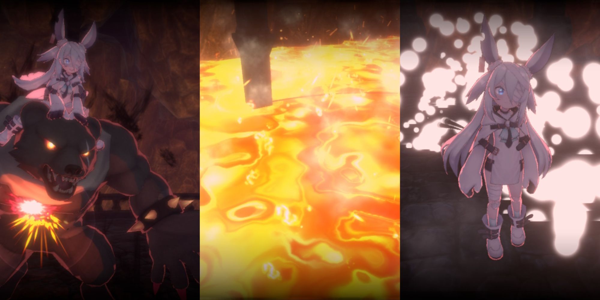 A collage of Monica riding a bear, the lava, and Monica after you finish the first phase in Little Witch Nobeta.