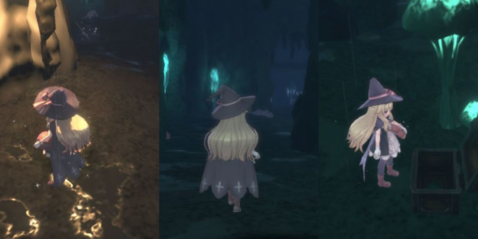 A collage of Nobeta exploring the underground caves and finding a treasure chest in Little Witch Nobeta.
