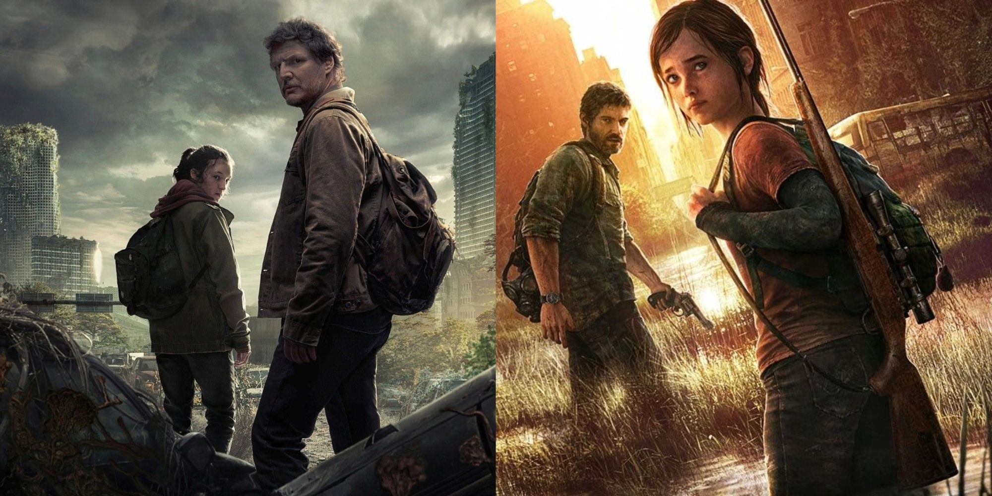 A split image featuring the HBO show poster with Bella Ramsey's and Pedro Pascal's Joel and Ellie, and the original cover art for the 2013 game with Joel and Ellie.