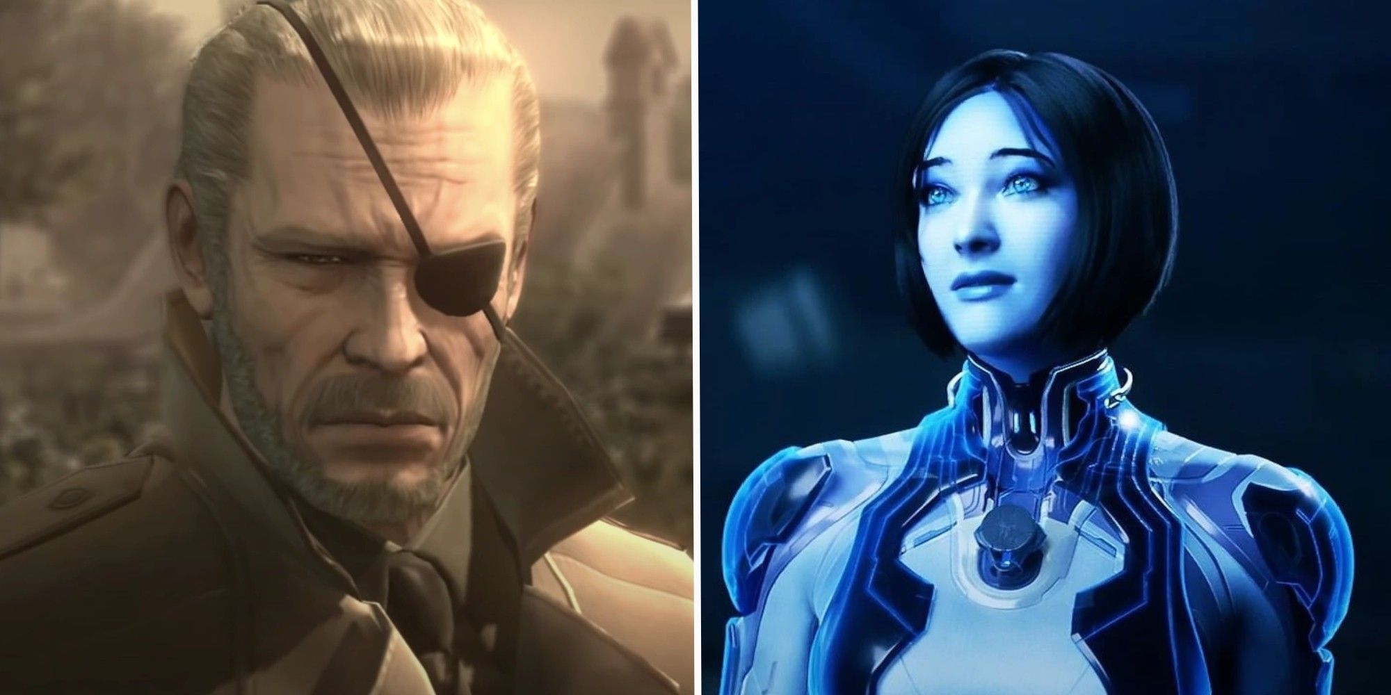 Big Boss giving a resigned stare, and Cortana staring confidently in the video games Metal Gear Solid 4 and Halo 5 respectfully