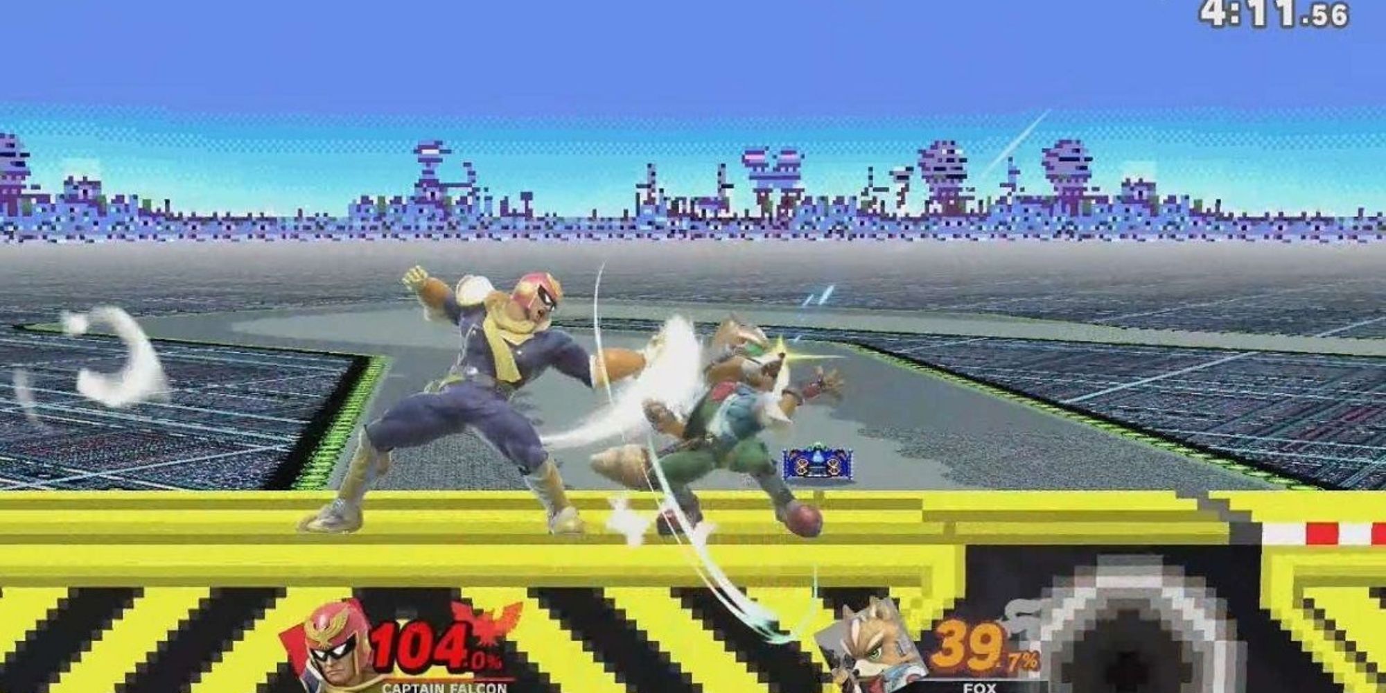 Captain Falcon doing an uppercut to Starfox, with whooshes and smoke effects, in an industrial stage.