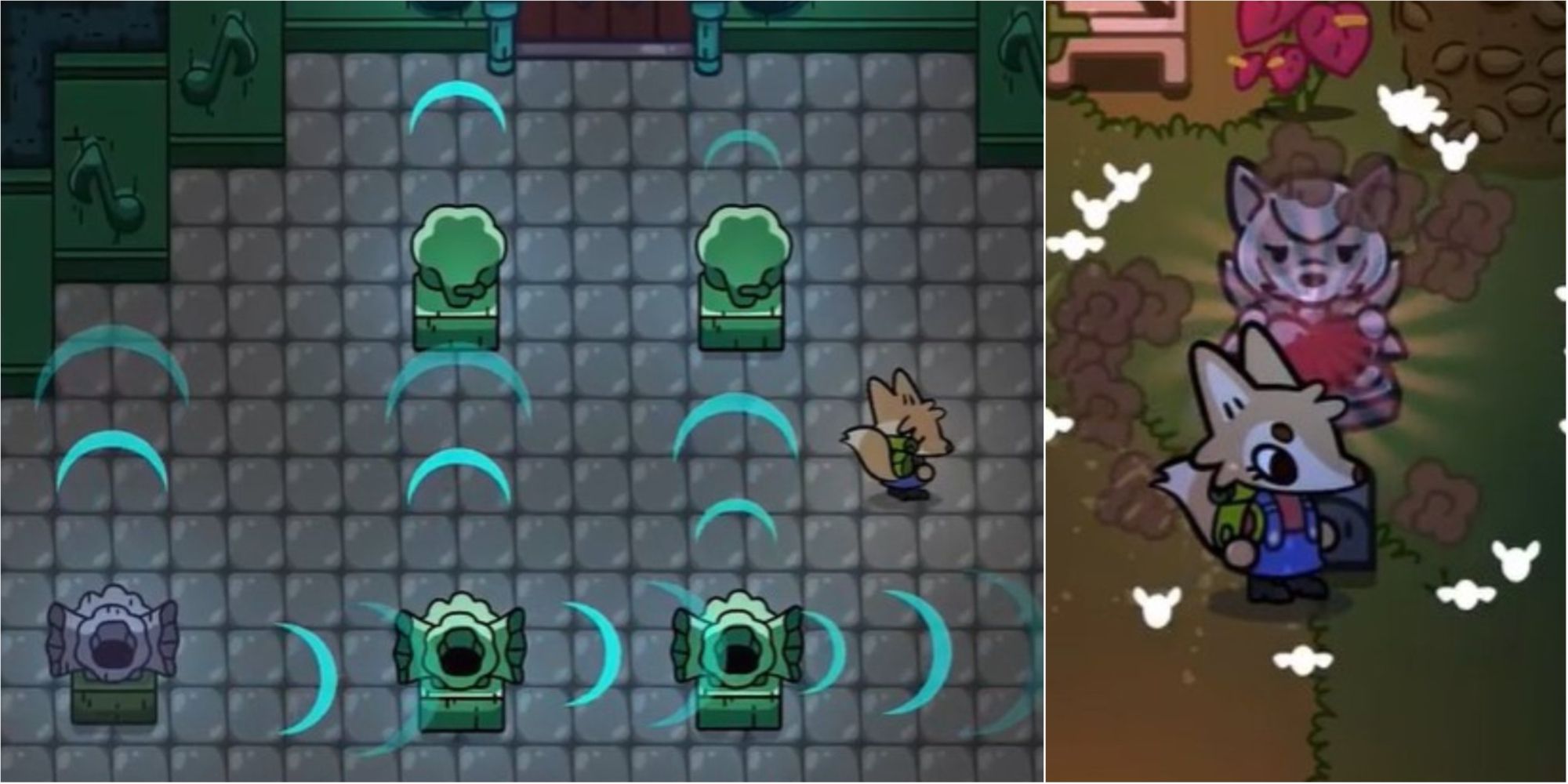 Split image screenshots of Wes the coyote completing a wind puzzle and standing in front of a statue.