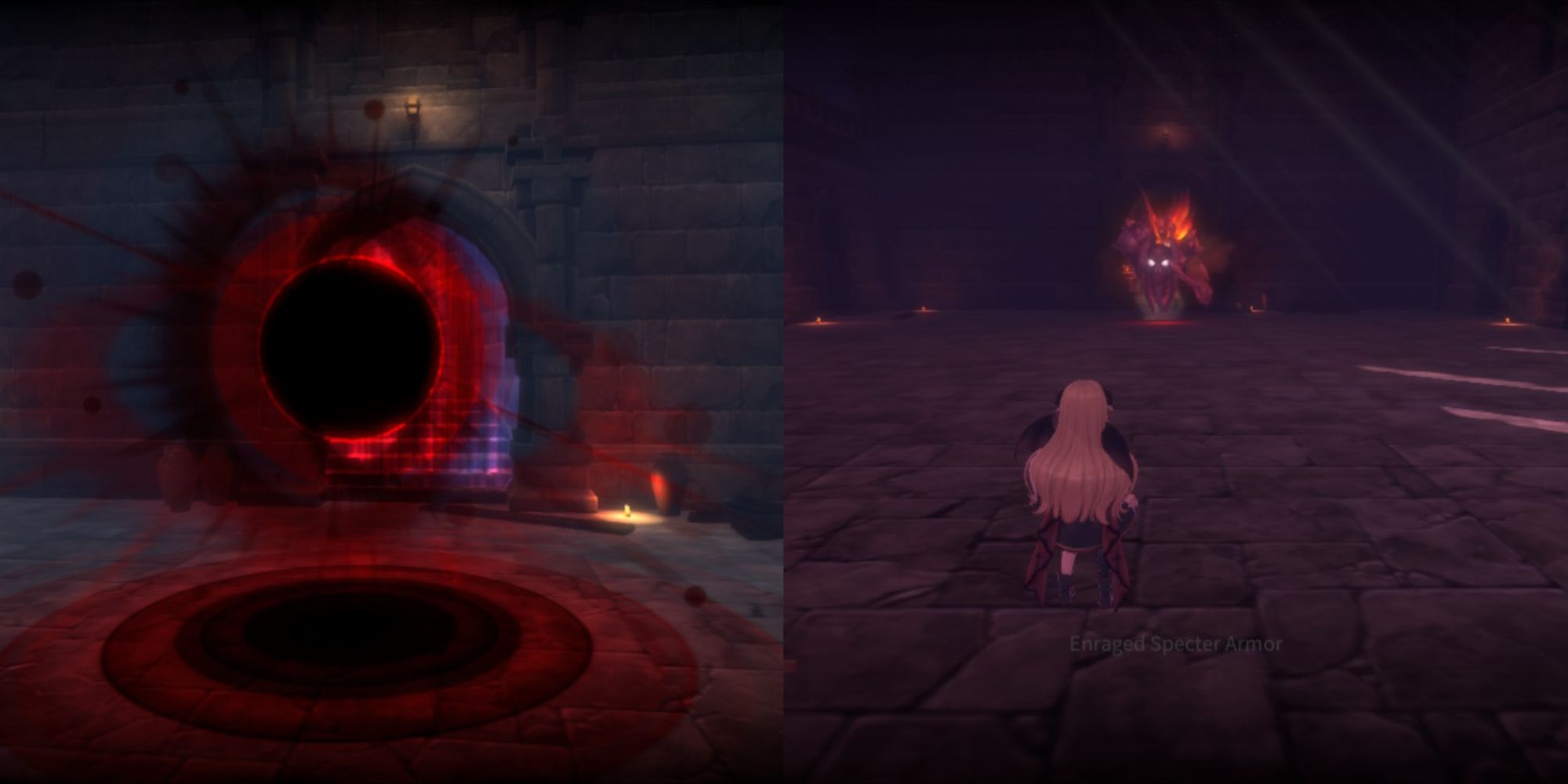 A collage of the portal the Enraged Specter Armor teleports from along with it standing aginst Nobeta in Little Witch Nobeta.