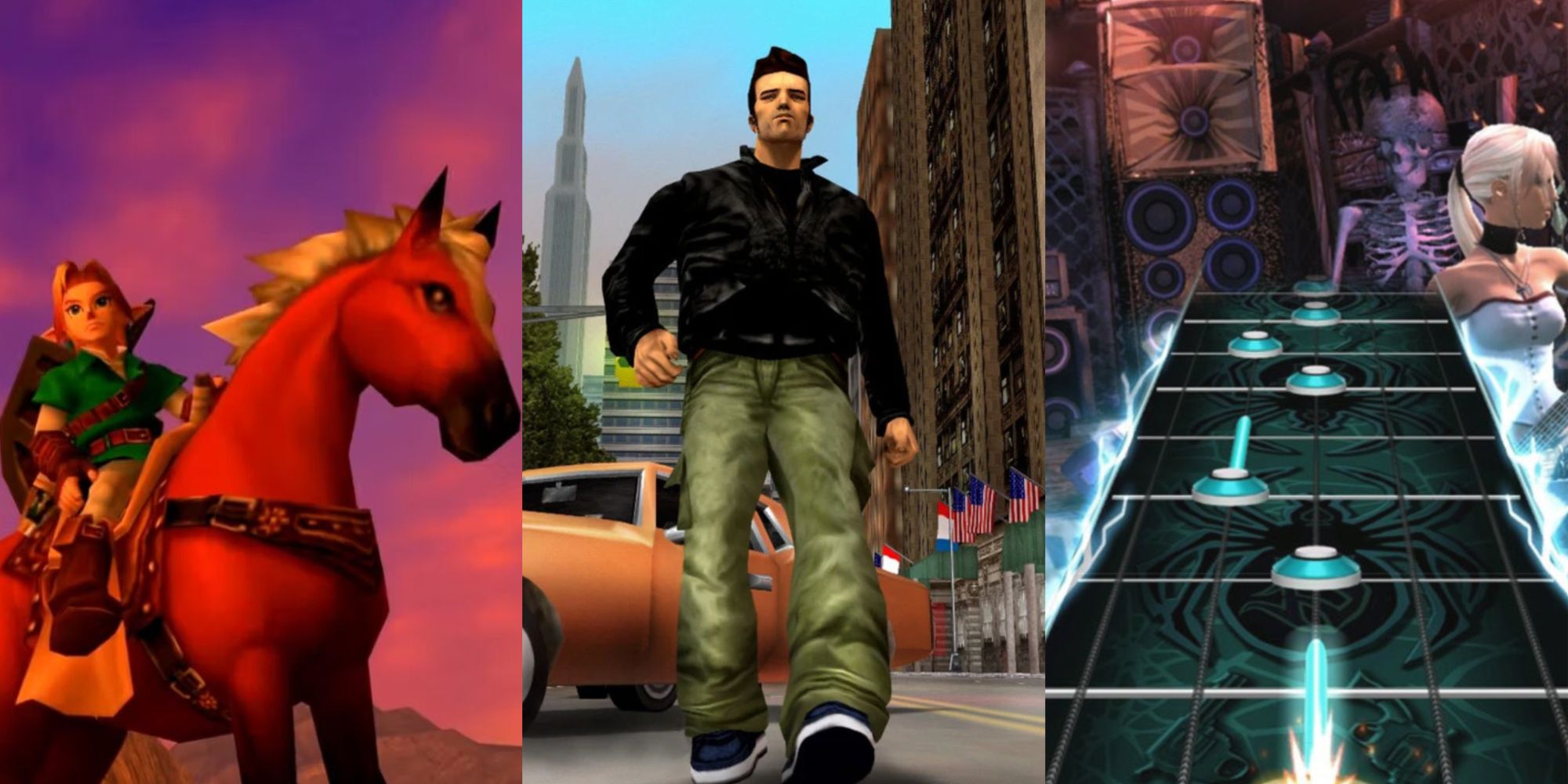 Collage of Games That Define Their Genres, featuring The Legend of Zelda: Ocarina of Time, Grand Theft Auto 3, and Guitar Hero