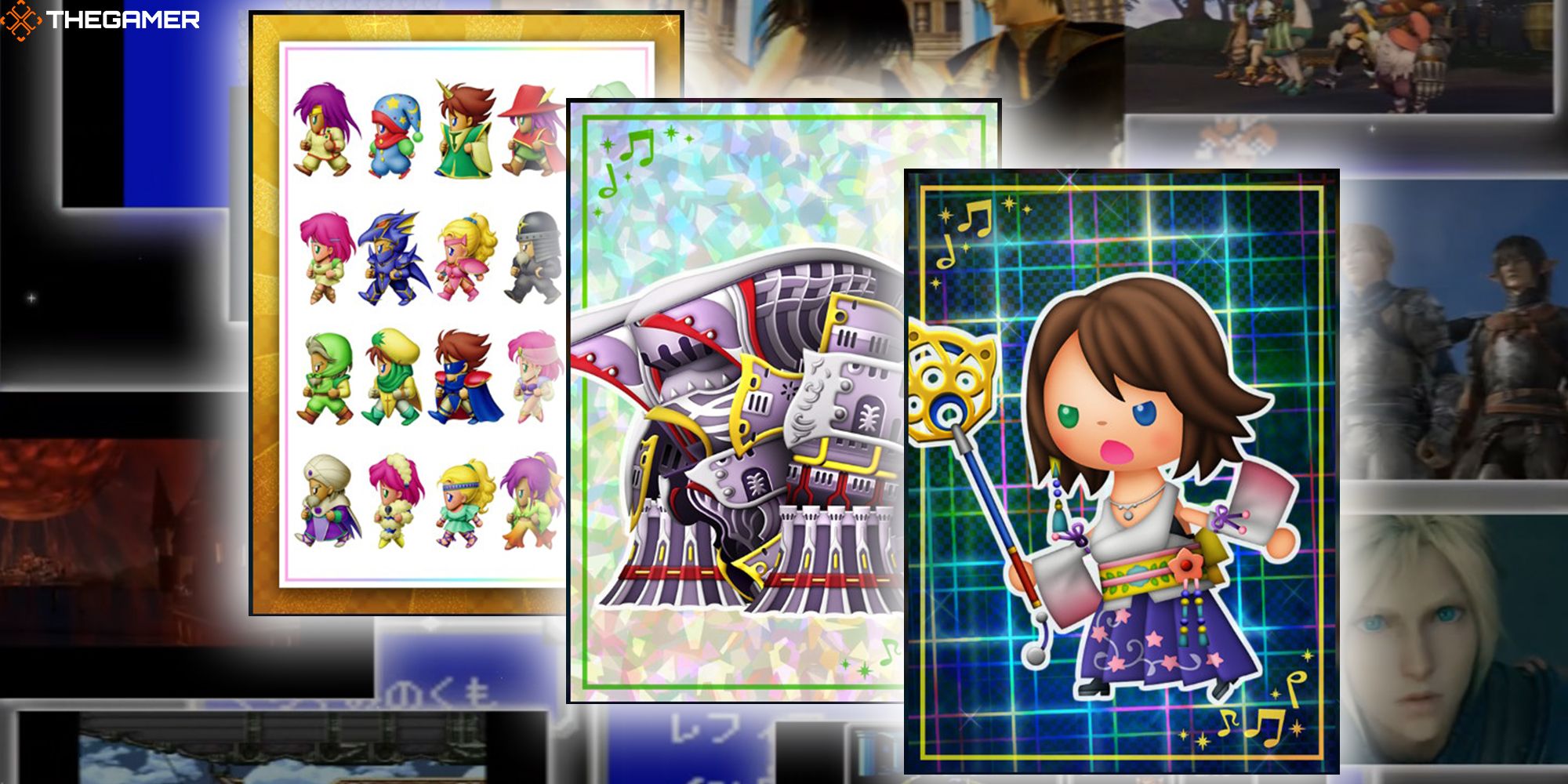 A Final Fantasy V Memory CollectaCard, an Alexander Summon CollectaCard, and a Premium Yuna Character CollectaCard against a background of scenes from various Final Fantasy games featured in Theatrhythm: Final Bar Line.
