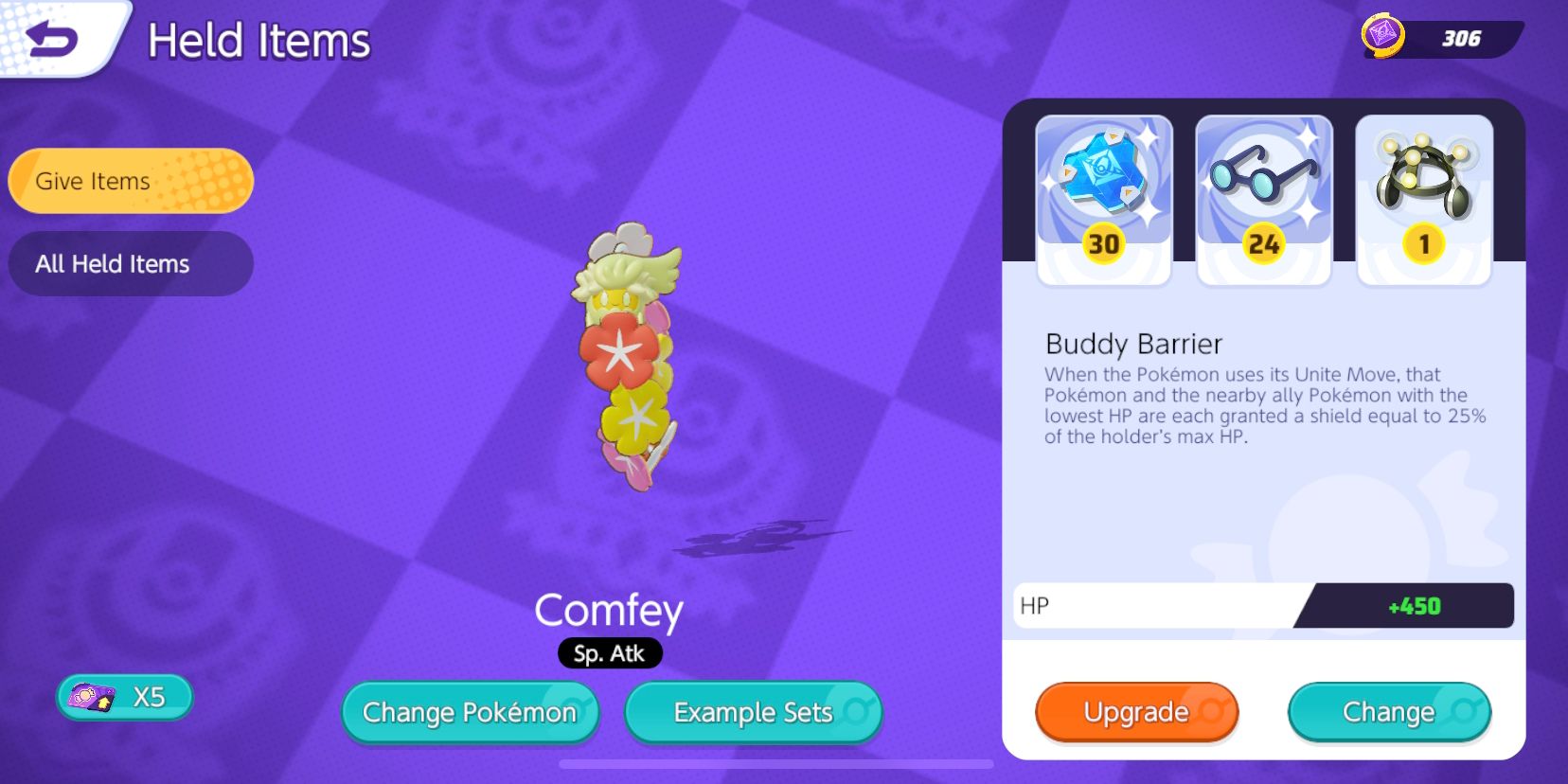 Comfey's Held Item selection screen with Buddy Barrier, Wise Glasses, and Exp. Share selected
