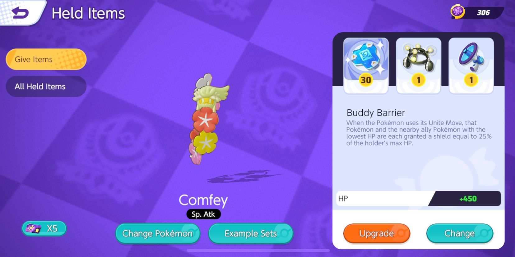 Comfey's Held Item selection screen with Buddy Barrier, Exp. Share, and Energy Amp selected