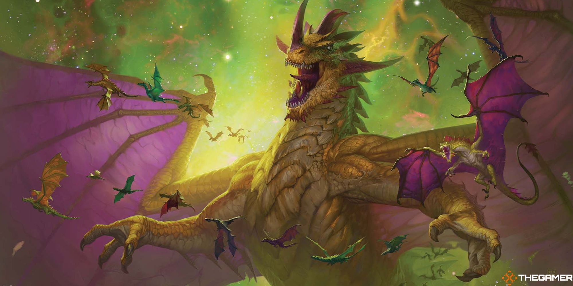A large, yellow dragon surrounded by smaller ones.