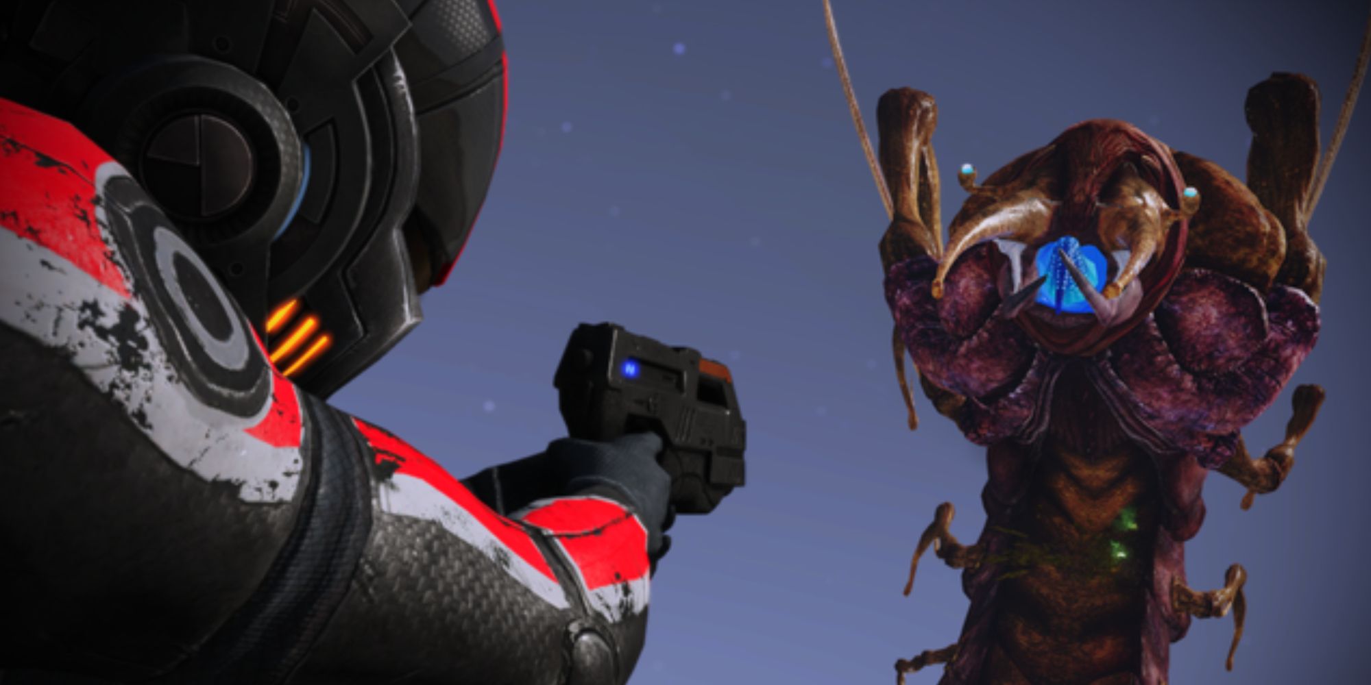 Commander Shepard shooting at a Thresher Maw in Mass Effect Legendary Edition