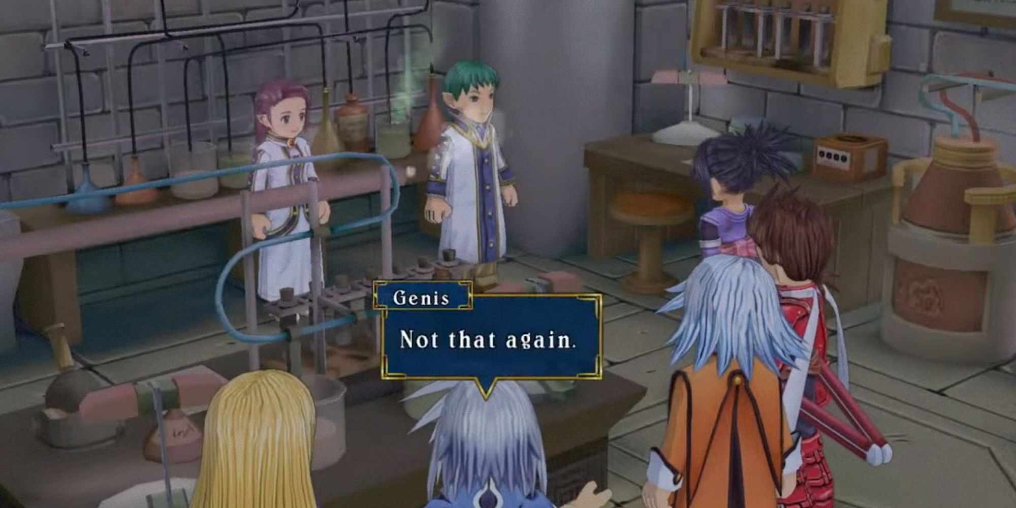 Genis speaking indoors while the rest of the party stands near him.