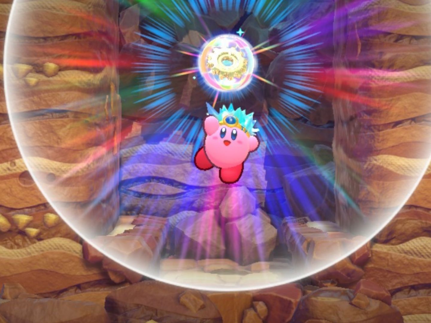 Kirby grabs the first Energy Sphere of Cookie Country Stage Three.