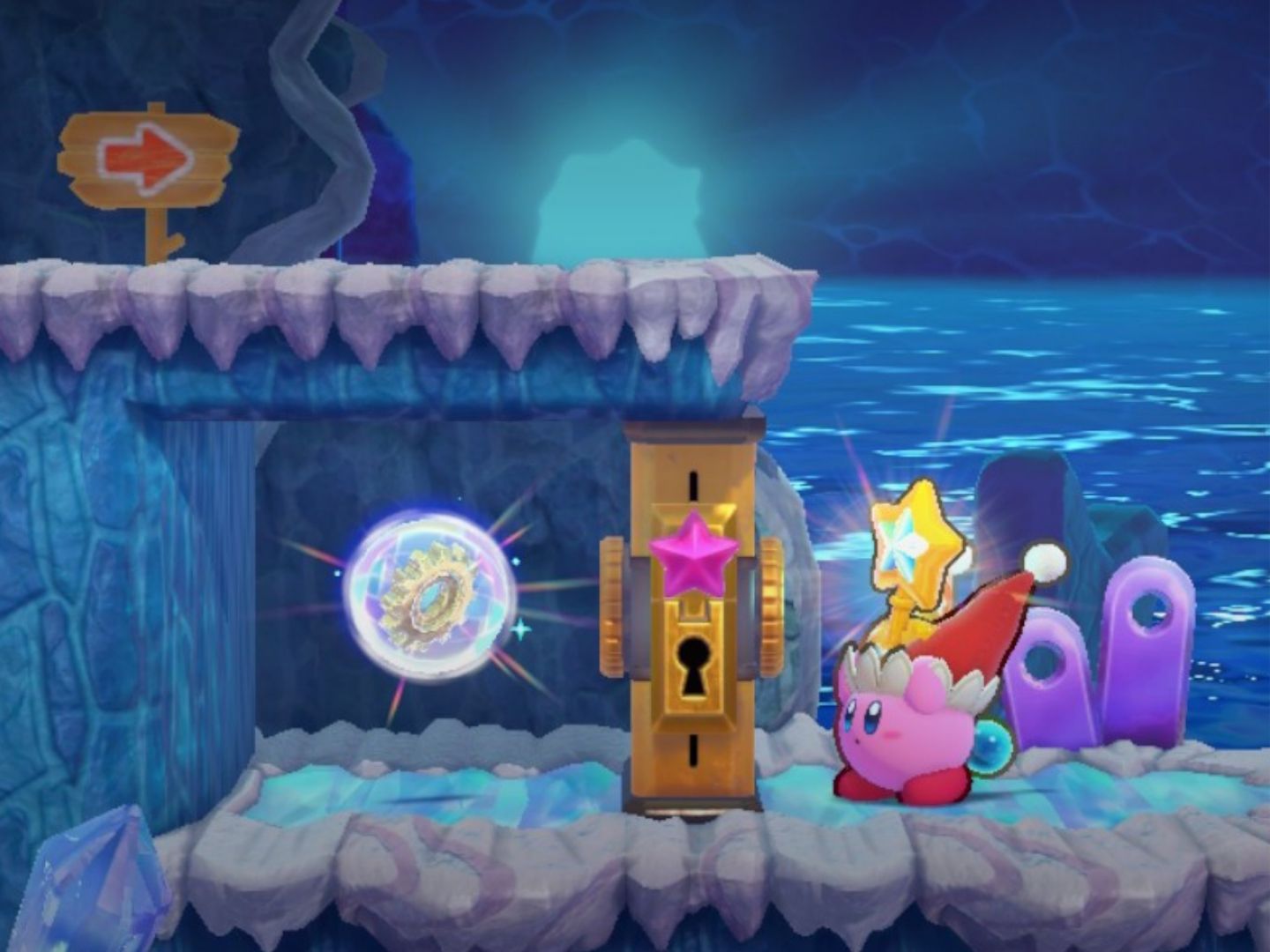 Kirby holds a key to get the second Energy Sphere in Cookie Country Stage Three.